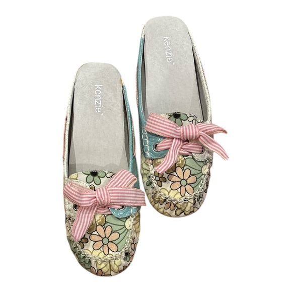kenzie Shoes - NWT 90s KENZIE CLOTH PASTEL FLORAL FLAT CLOGS W PINK & WHITE STRIPED BOWS SZ 8